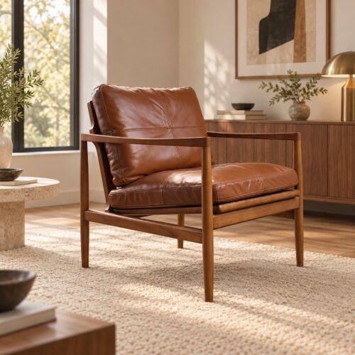 Caramel Leather Lounge Chair with Straight Ash Arms — styled room view 2