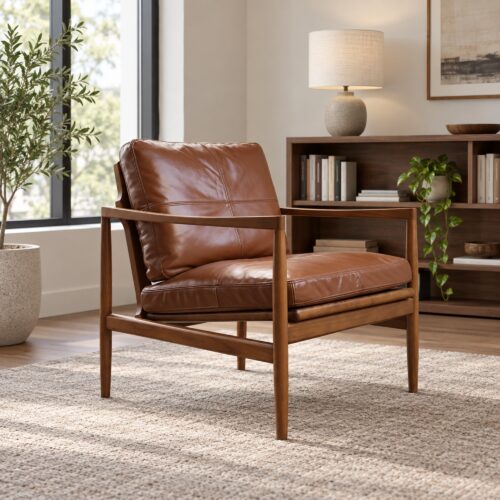 Caramel Leather Lounge Chair with Straight Ash Arms — styled room view 3