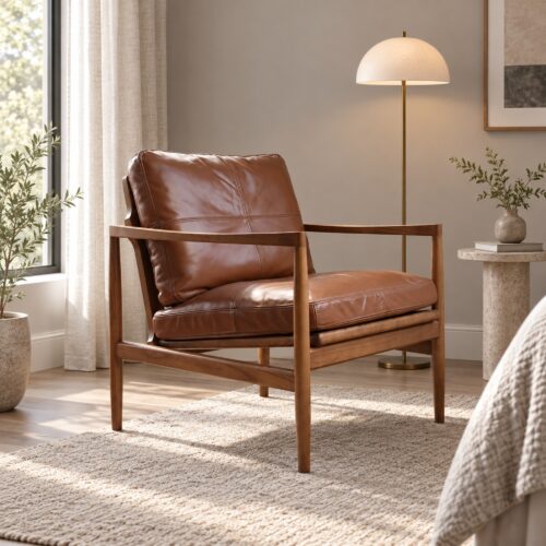 Caramel Leather Lounge Chair with Straight Ash Arms — styled room view 4