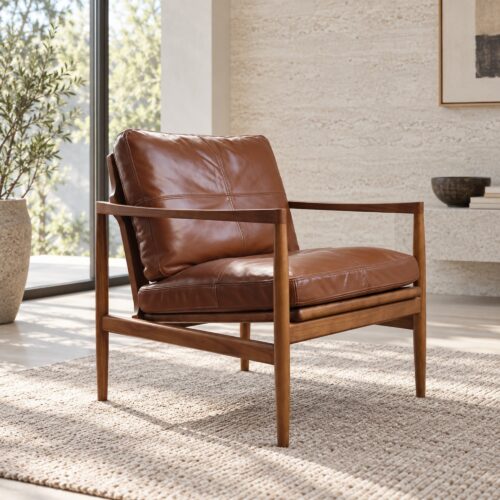 Caramel Leather Lounge Chair with Straight Ash Arms — styled room view 5