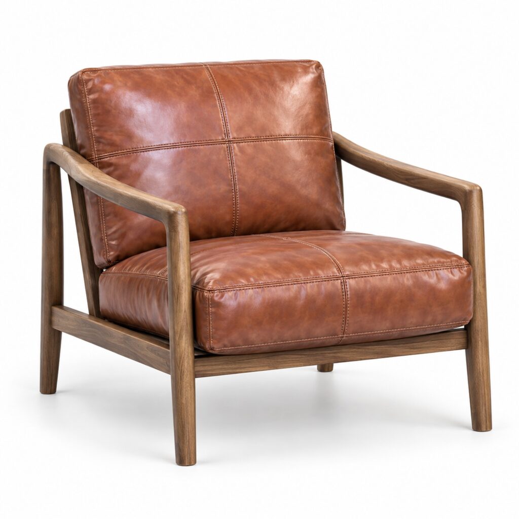 Caramel Leather Lounge Chair with Winged Ash Arms — studio product view