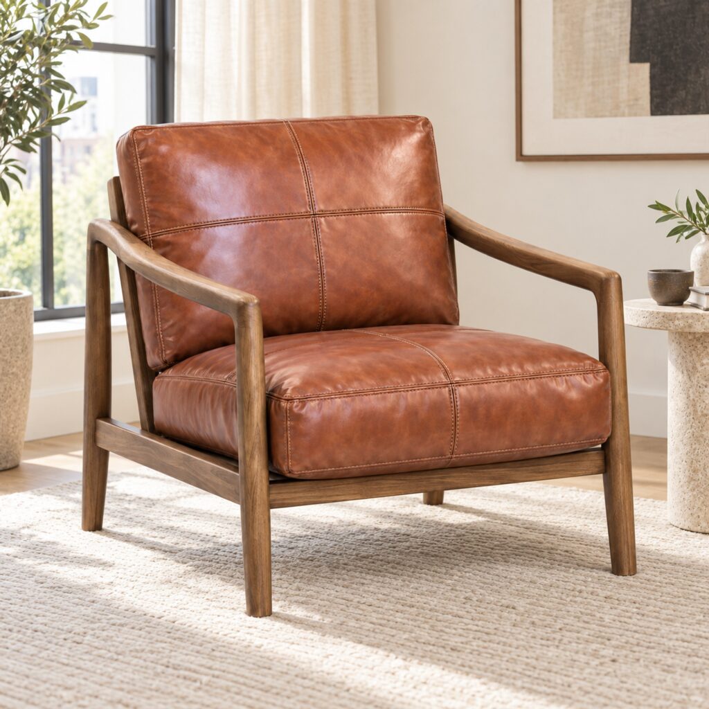 Caramel Leather Lounge Chair with Winged Ash Arms — styled room view 1