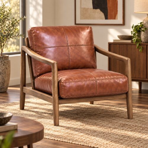 Caramel Leather Lounge Chair with Winged Ash Arms — styled room view 2