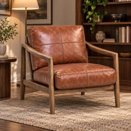 Caramel Leather Lounge Chair with Winged Ash Arms — styled room view 3