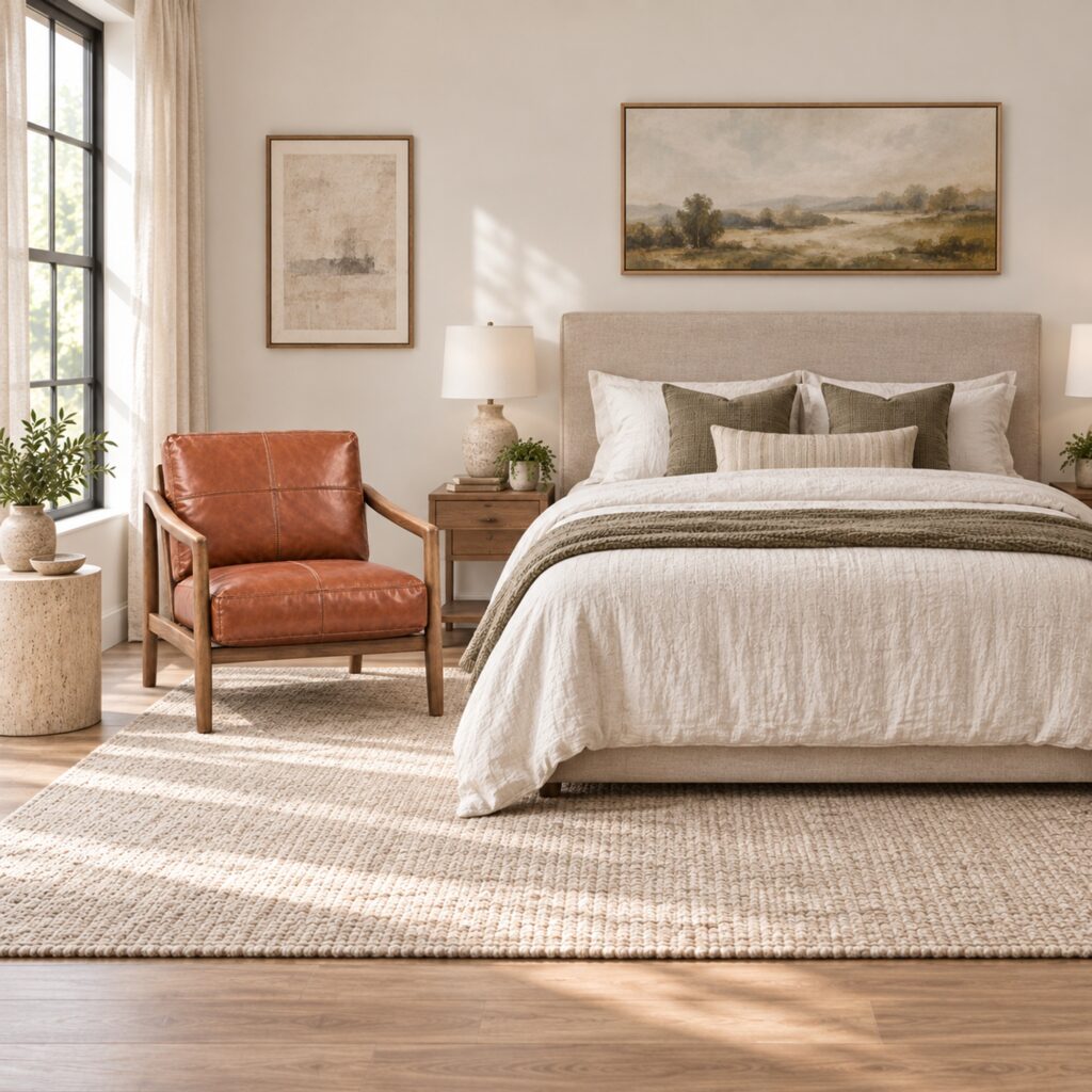 Caramel Leather Lounge Chair with Winged Ash Arms — styled room view 4