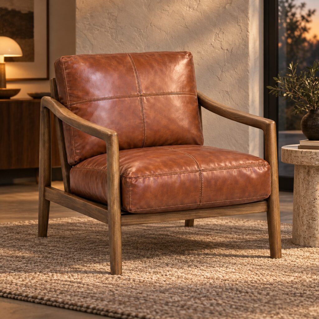 Caramel Leather Lounge Chair with Winged Ash Arms — styled room view 5