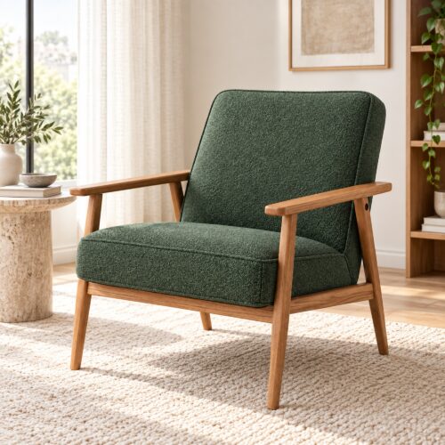 Green Fabric Lounge Chair with Angled Ash Frame — styled room view 1