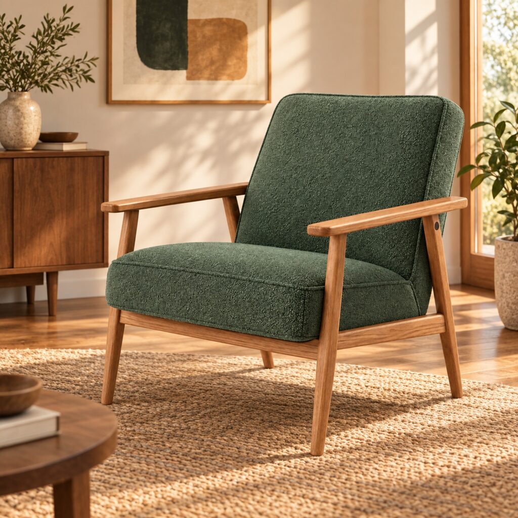 Green Fabric Lounge Chair with Angled Ash Frame — styled room view 2