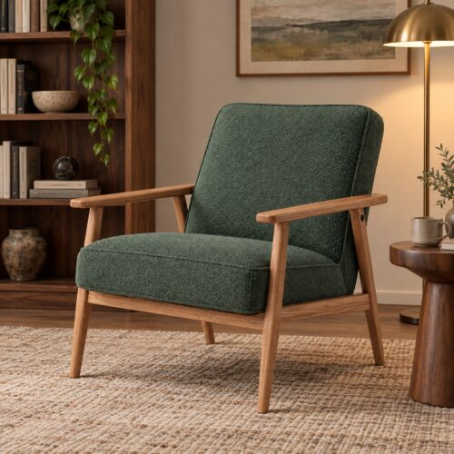 Green Fabric Lounge Chair with Angled Ash Frame — styled room view 3