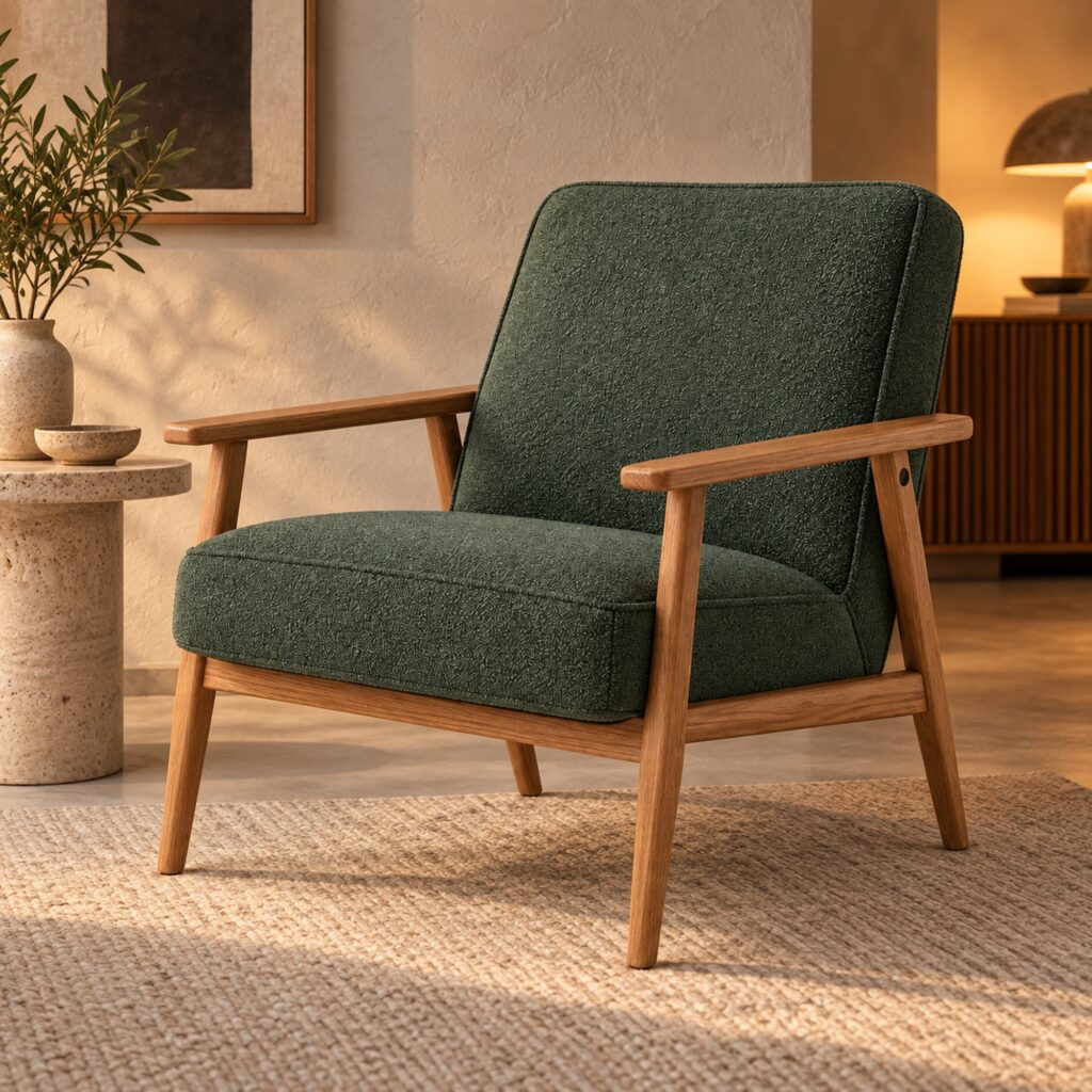 Green Fabric Lounge Chair with Angled Ash Frame — styled room view 5