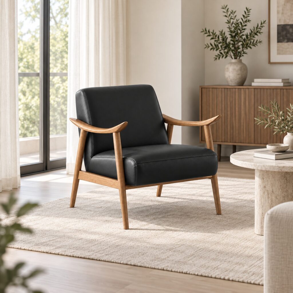 Black PU Lounge Chair with Sculpted Ash Arms — styled room view 1