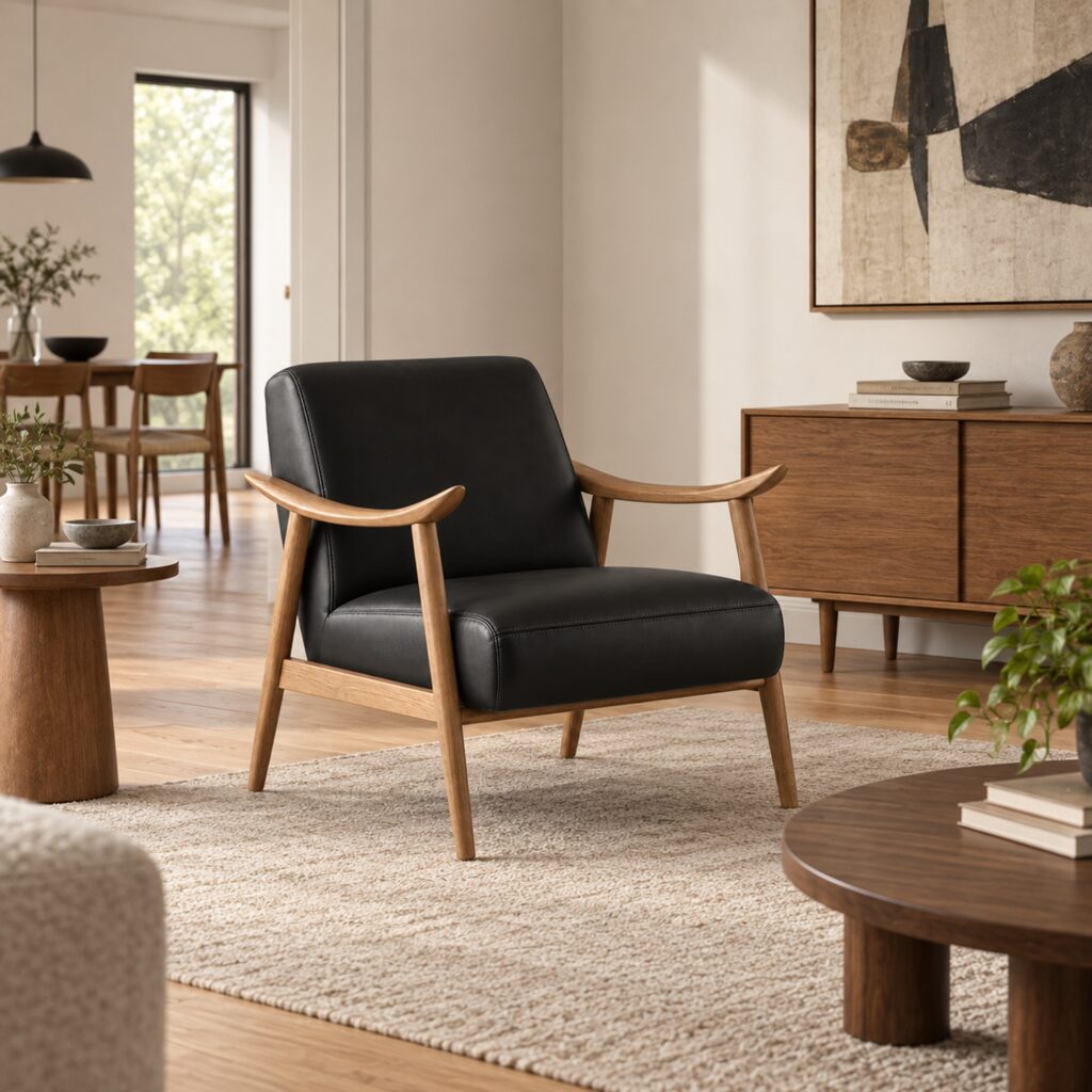 Black PU Lounge Chair with Sculpted Ash Arms — styled room view 2