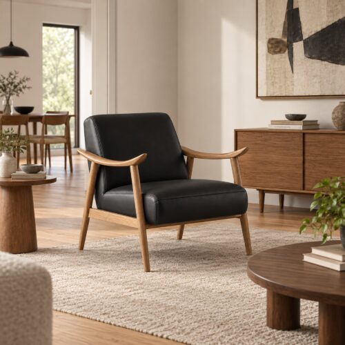Black PU Lounge Chair with Sculpted Ash Arms — styled room view 2