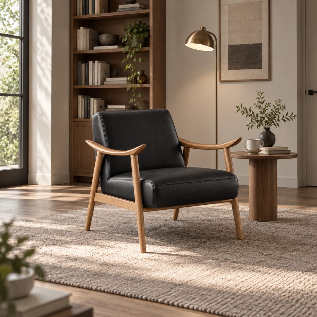 Black PU Lounge Chair with Sculpted Ash Arms — styled room view 3