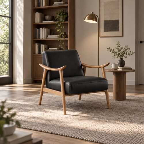 Black PU Lounge Chair with Sculpted Ash Arms — styled room view 3