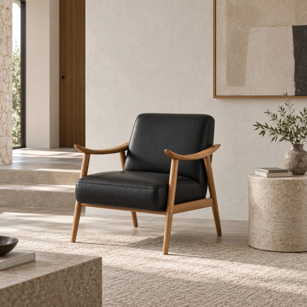 Black PU Lounge Chair with Sculpted Ash Arms — styled room view 4