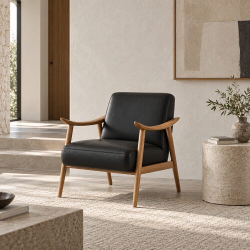 Black PU Lounge Chair with Sculpted Ash Arms — styled room view 4
