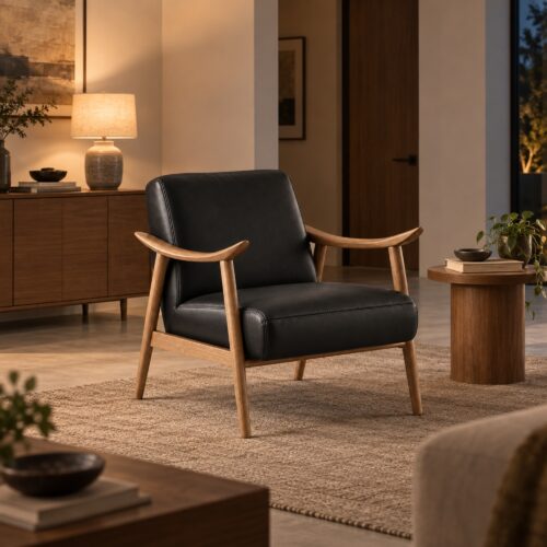Black PU Lounge Chair with Sculpted Ash Arms — styled room view 5