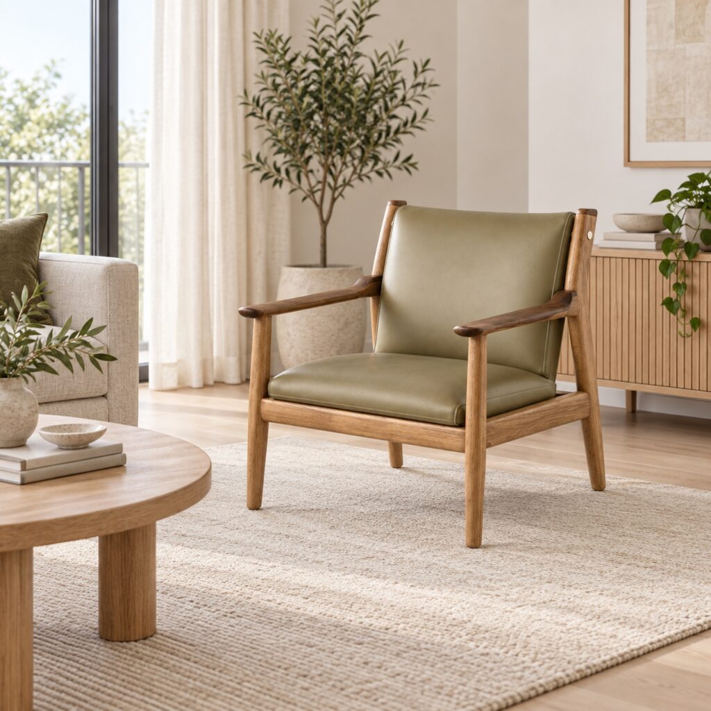 Olive Silicone-Upholstered Lounge Chair with Ash Frame — styled room view 1