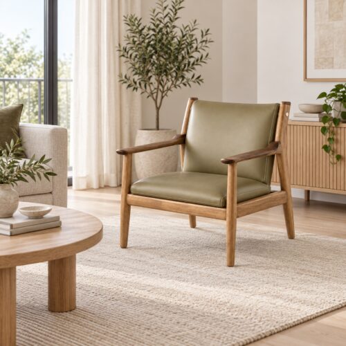 Olive Silicone-Upholstered Lounge Chair with Ash Frame — styled room view 1