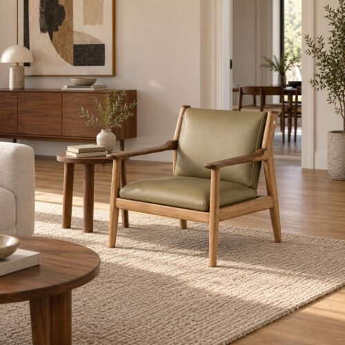 Olive Silicone-Upholstered Lounge Chair with Ash Frame — styled room view 2