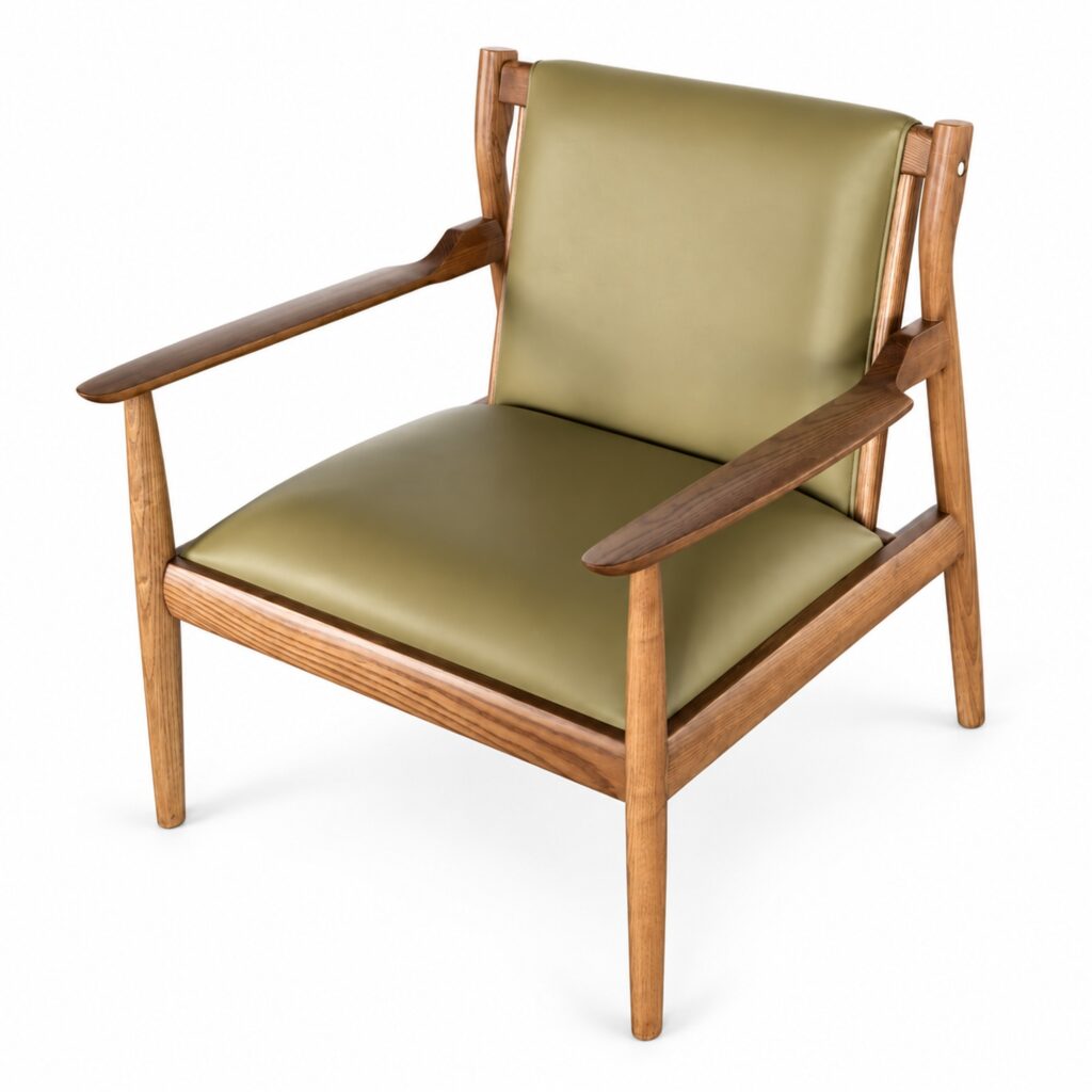 Olive Leather-Seat Lounge Chair with Ash Frame — studio product view