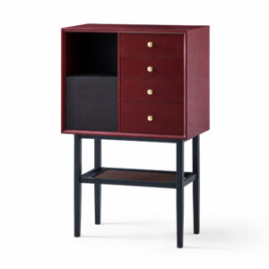 Red and Black Display Cabinet with Metal Stand — studio product view