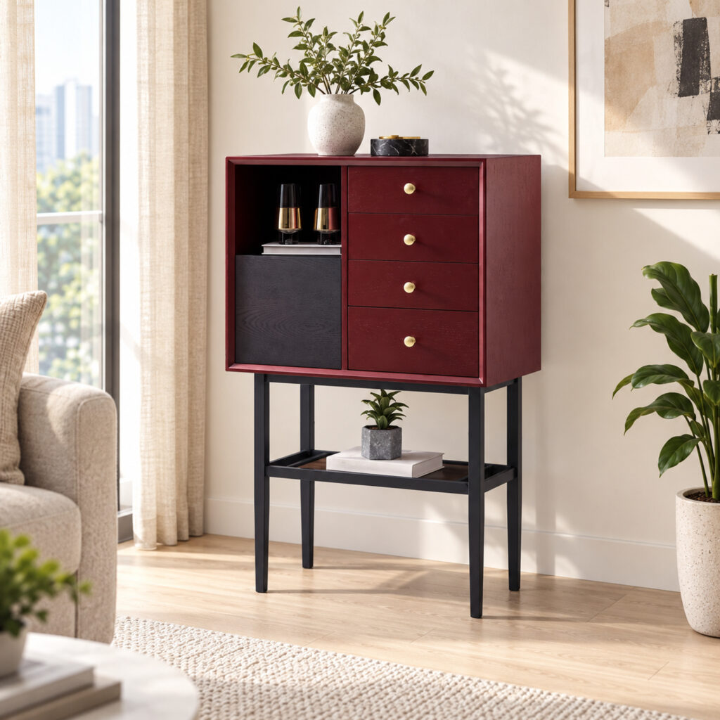 Red and Black Display Cabinet with Metal Stand — styled room view 1