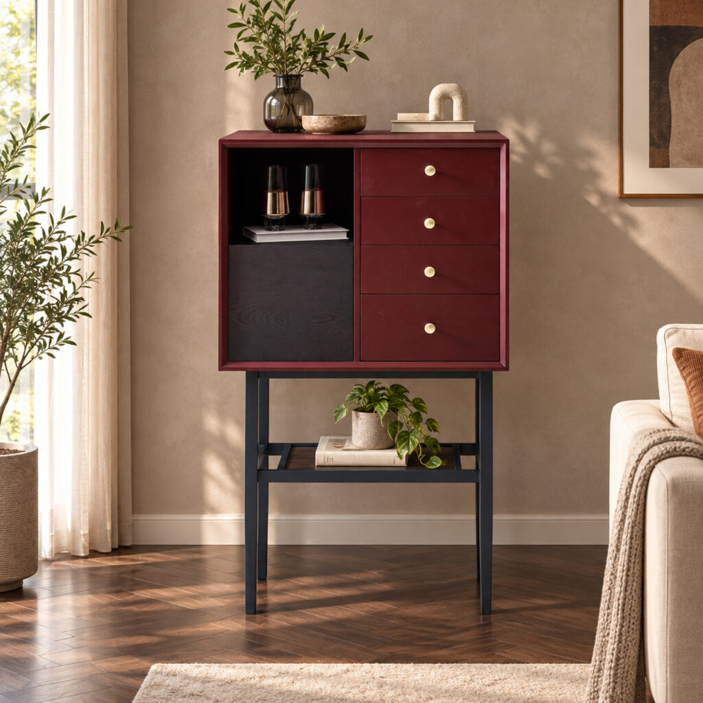 Red and Black Display Cabinet with Metal Stand — styled room view 2