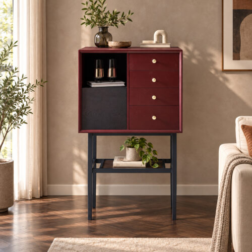 Red and Black Display Cabinet with Metal Stand — styled room view 2