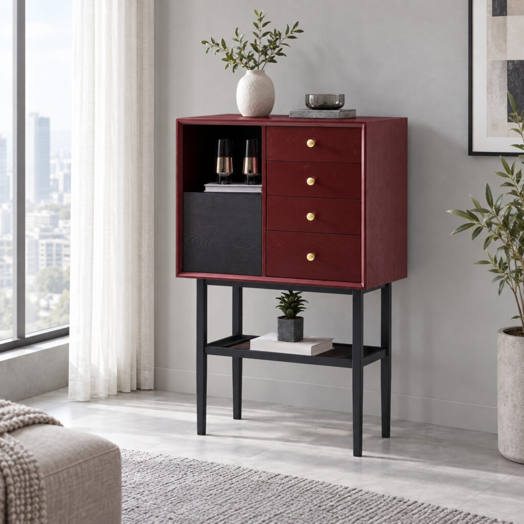 Red and Black Display Cabinet with Metal Stand — styled room view 3