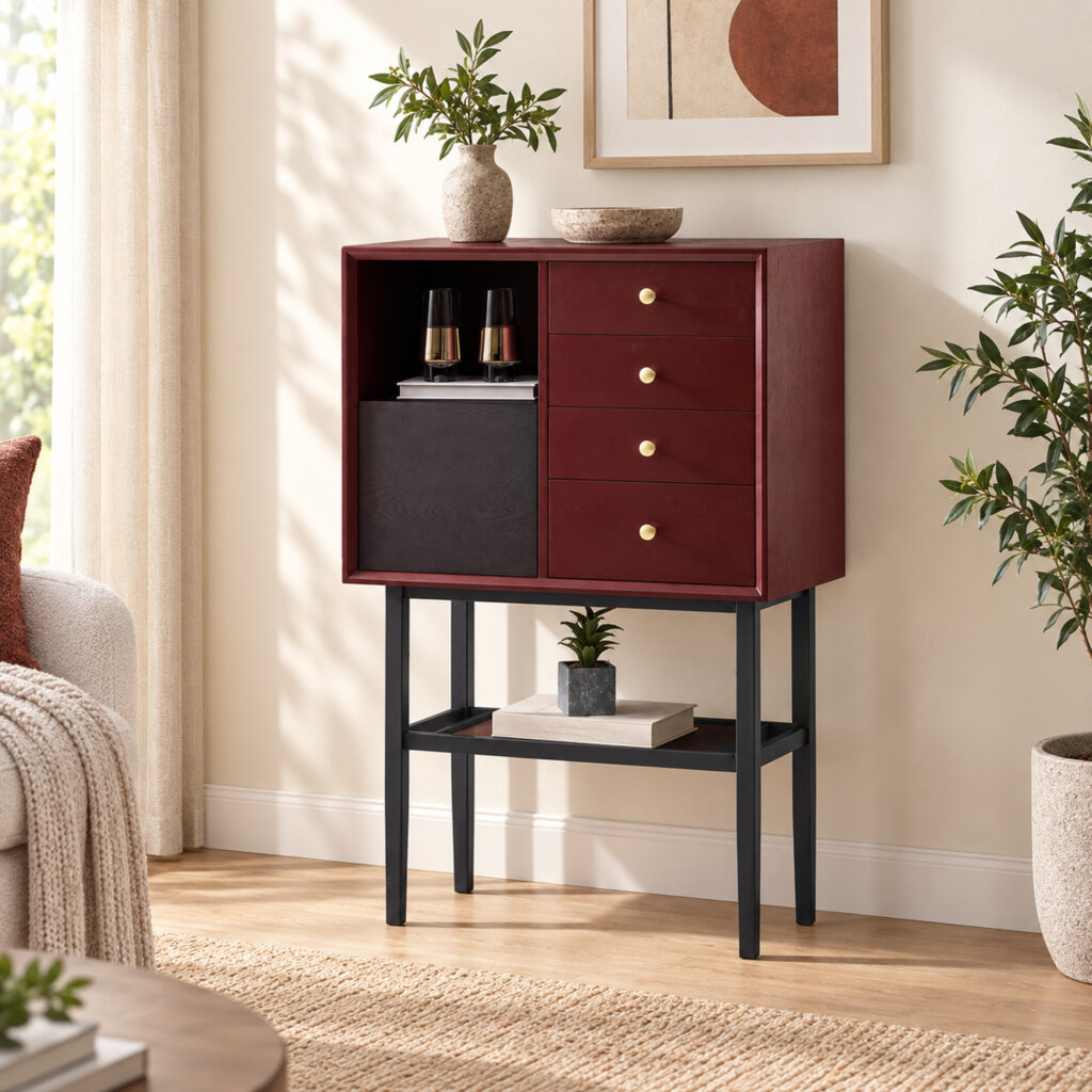 Red and Black Display Cabinet with Metal Stand — styled room view 4