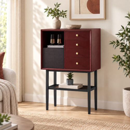 Red and Black Display Cabinet with Metal Stand — styled room view 4