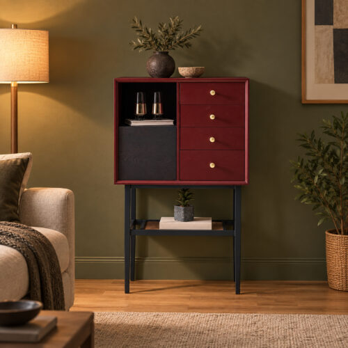 Red and Black Display Cabinet with Metal Stand — styled room view 5