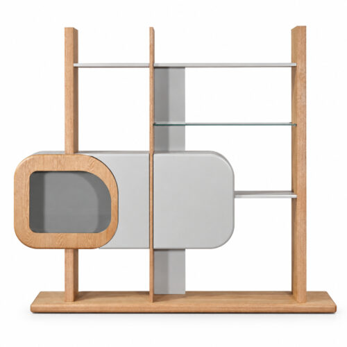 Grey and Wood-Tone Display Shelves with Rounded Cabinet — alternate product view