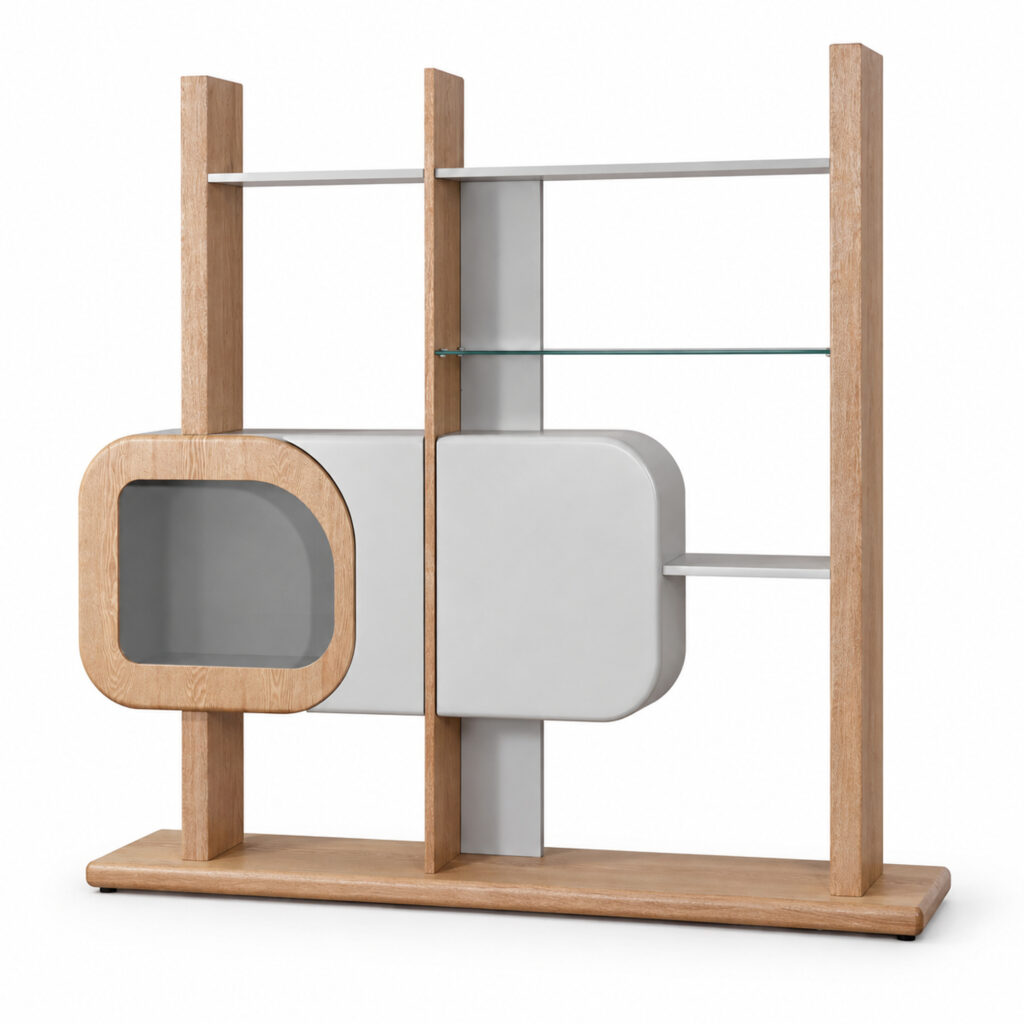Grey and Wood-Tone Display Shelves with Rounded Cabinet — studio product view
