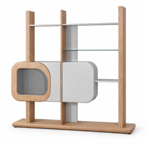 Grey and Wood-Tone Display Shelves with Rounded Cabinet — studio product view