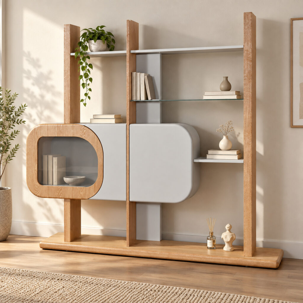 Grey and Wood-Tone Display Shelves with Rounded Cabinet — styled room view 1