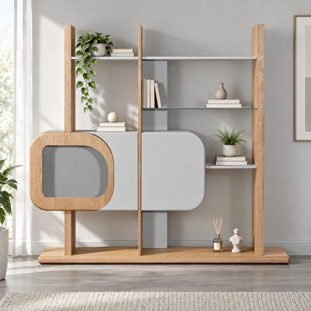 Grey and Wood-Tone Display Shelves with Rounded Cabinet — styled room view 2