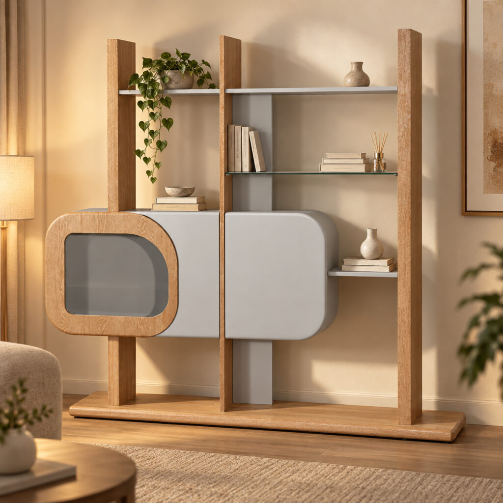 Grey and Wood-Tone Display Shelves with Rounded Cabinet — styled room view 3