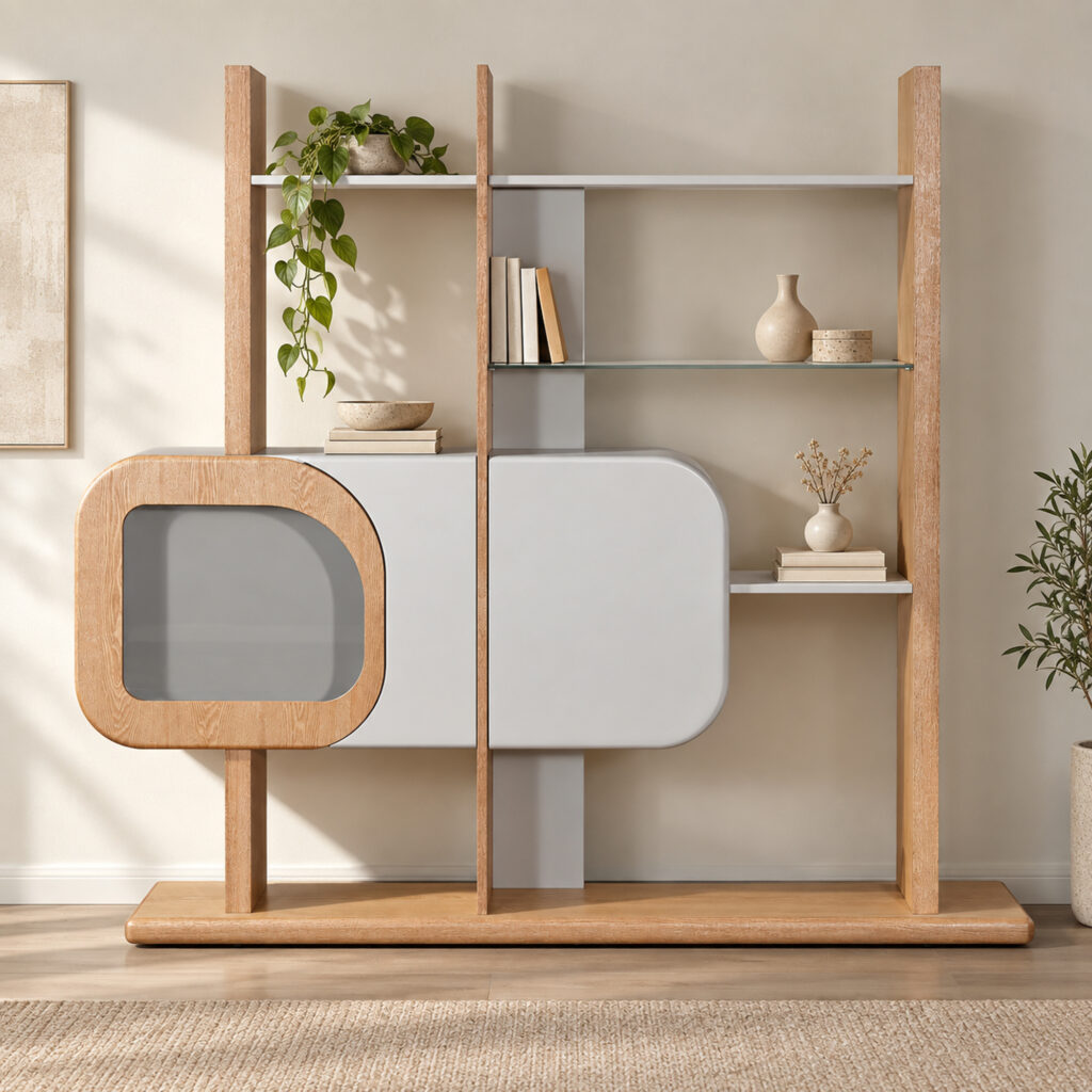 Grey and Wood-Tone Display Shelves with Rounded Cabinet — styled room view 4