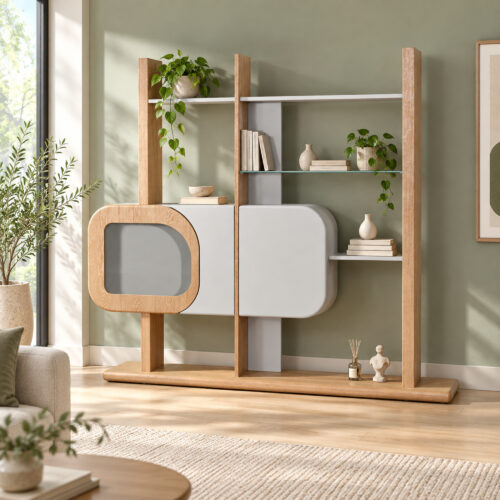 Grey and Wood-Tone Display Shelves with Rounded Cabinet — styled room view 5