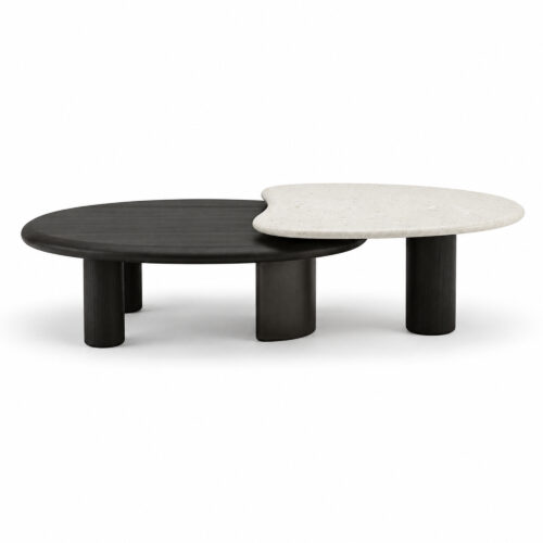 Black and White Overlap Coffee Table with Marble and Wood Veneer — low studio view