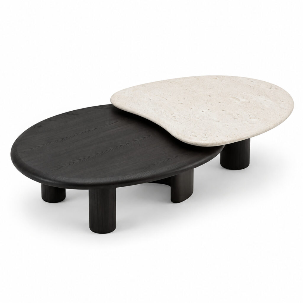 Black and White Overlap Coffee Table with Marble and Wood Veneer — studio three-quarter view