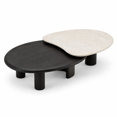 Black and White Overlap Coffee Table with Marble and Wood Veneer — studio three-quarter view