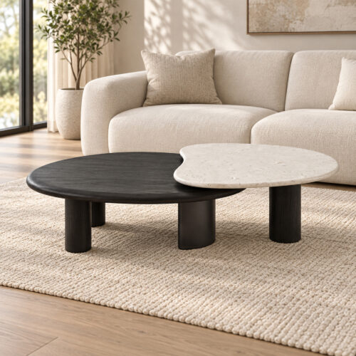 Black and White Overlap Coffee Table with Marble and Wood Veneer — three-quarter lounge view