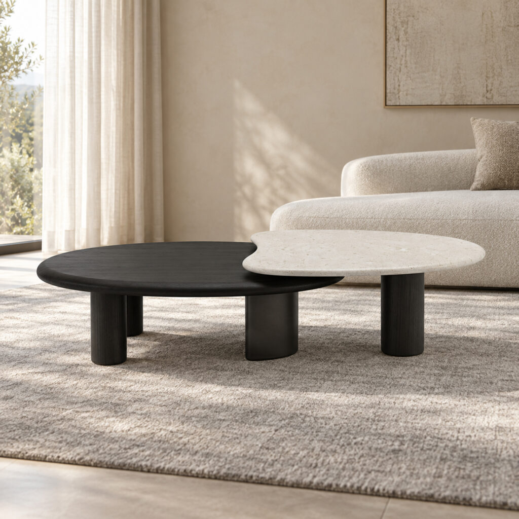 Black and White Overlap Coffee Table with Marble and Wood Veneer — low room view