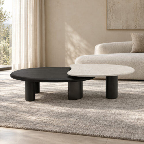 Black and White Overlap Coffee Table with Marble and Wood Veneer — low room view