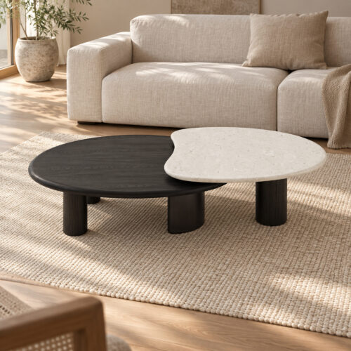 Black and White Overlap Coffee Table with Marble and Wood Veneer — elevated room view