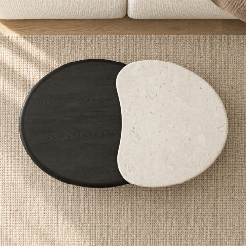 Black and White Overlap Coffee Table with Marble and Wood Veneer — overhead room view